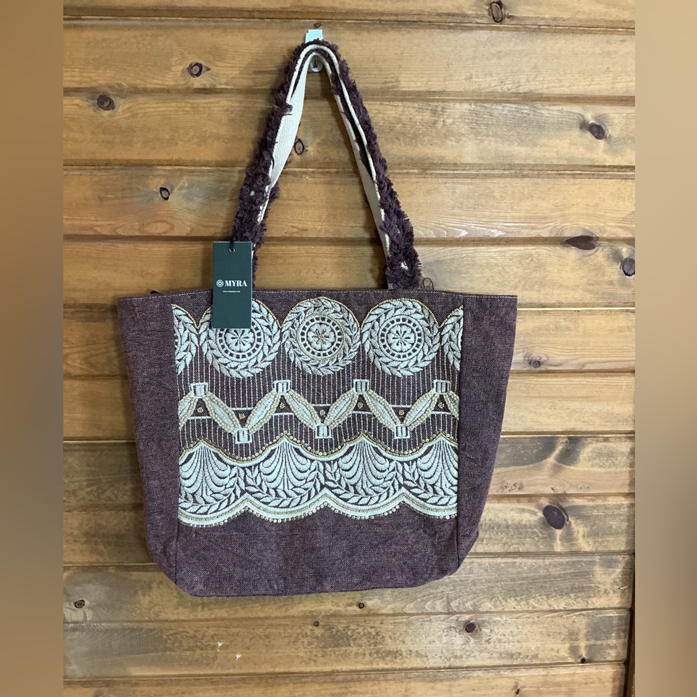 Myra Bag Brown and Cream Patterned Tote